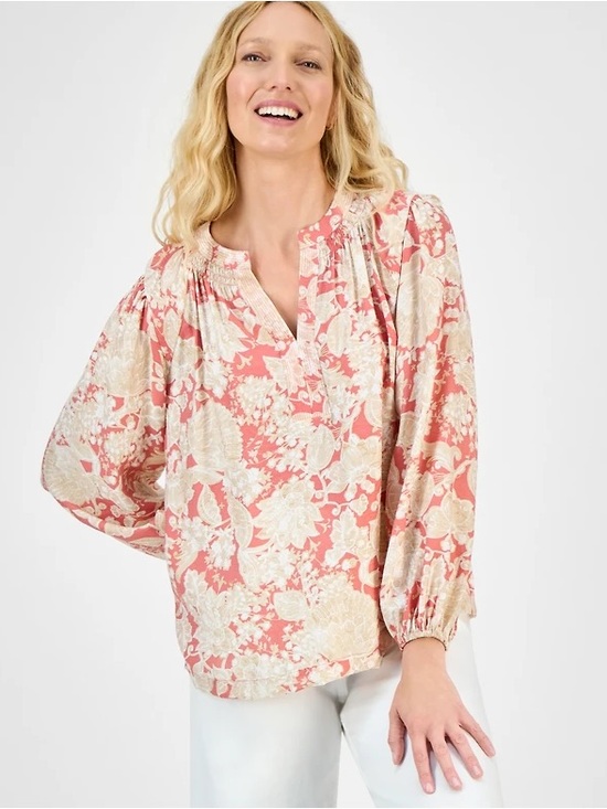 Nautica Tops - Nautica Jeans Women’s Small Floral Peasant Blouse Coral Boho Long Sleeve Top